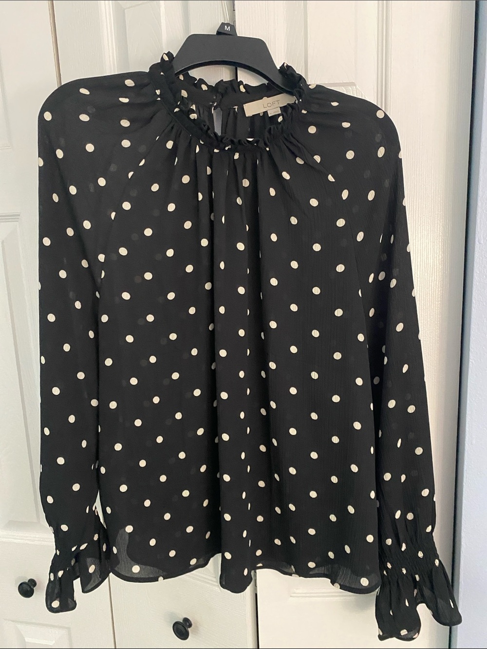 LOFT Black and White Polka Dot Ruffle-Neck Blouse